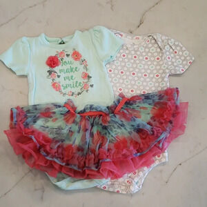 Pretty Tutu Bodysuit Set baby starters girl 9M Flower mint aqua pink grey Onsie